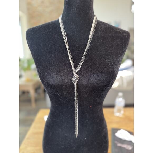 Multi-Strand Layered Knotted Lariat Tassel Mesh Chain Necklace Silver Black Tone - Picture 1 of 3